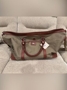 Cutter & Buck Olive Canvas Duffel with Brown Leather Trim